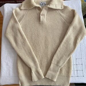 Vintage Wool Ribbed Knit Cream Unisex Sweater with Wide Collar